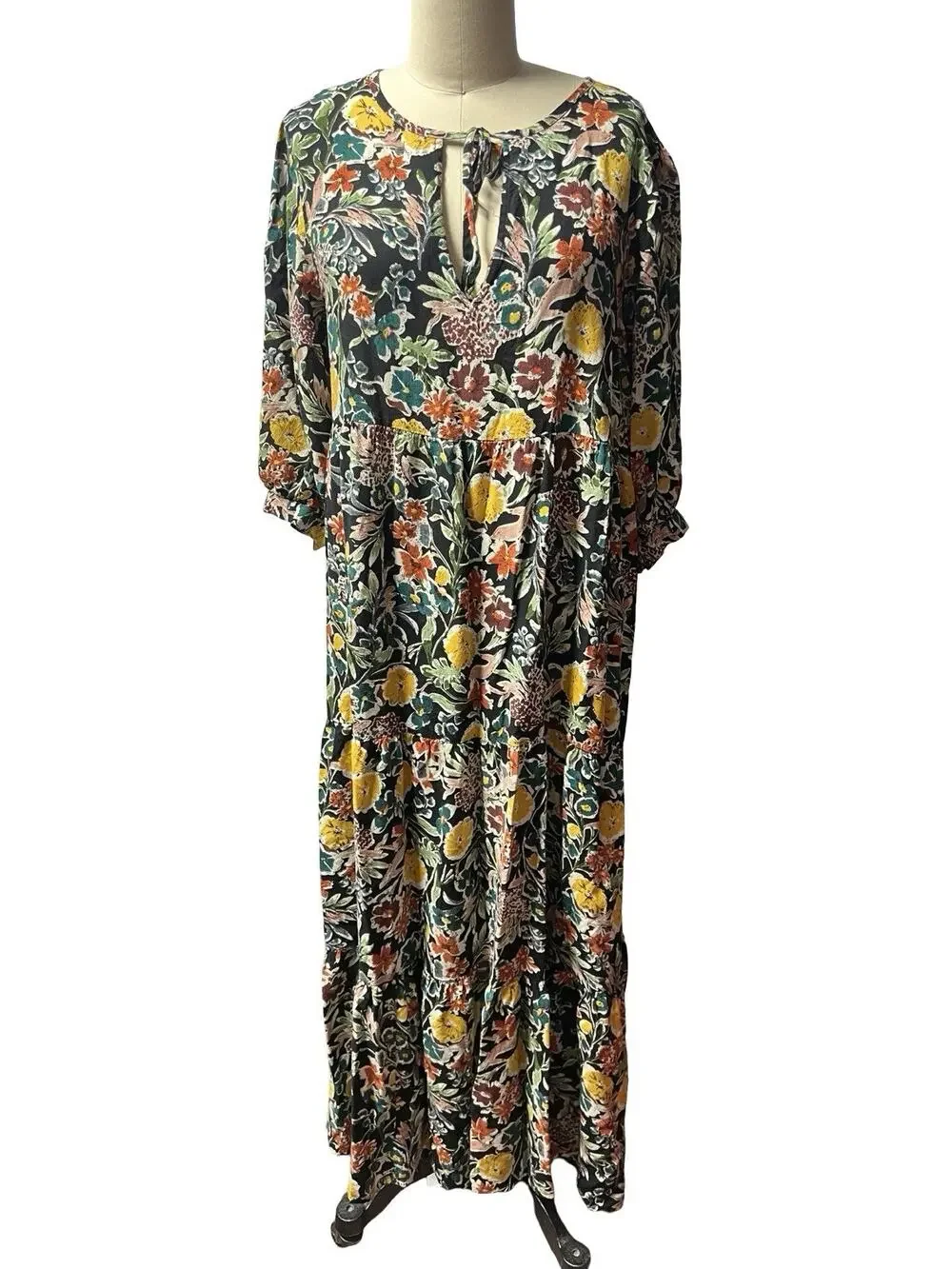 Natural Life Womens Maxi Dress Sz M Boho Black Yellow Floral 3/4 Sleeve Rayon - Picture 1 of 8